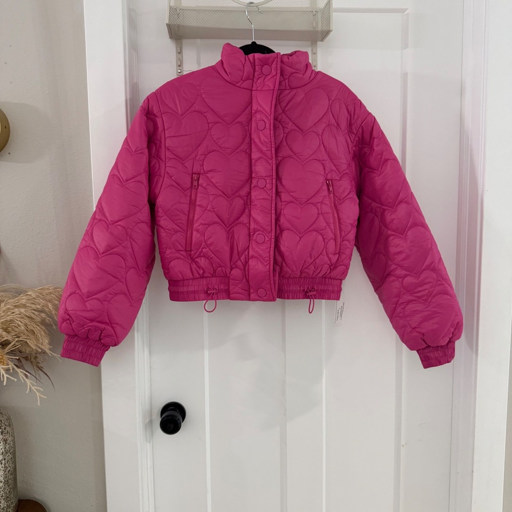 For Love & Lemons Hot Pink Heart Quilted Cropped Puffer Jacket Small NWT Barbie